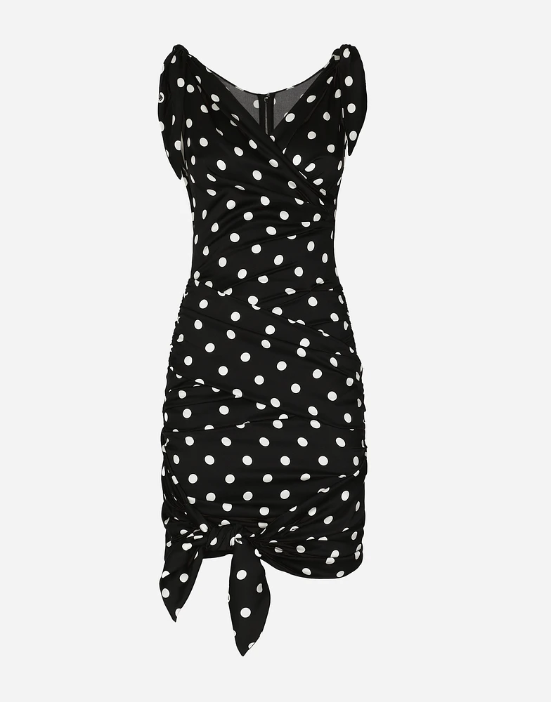 Charmeuse midi dress with draping and polka-dot print