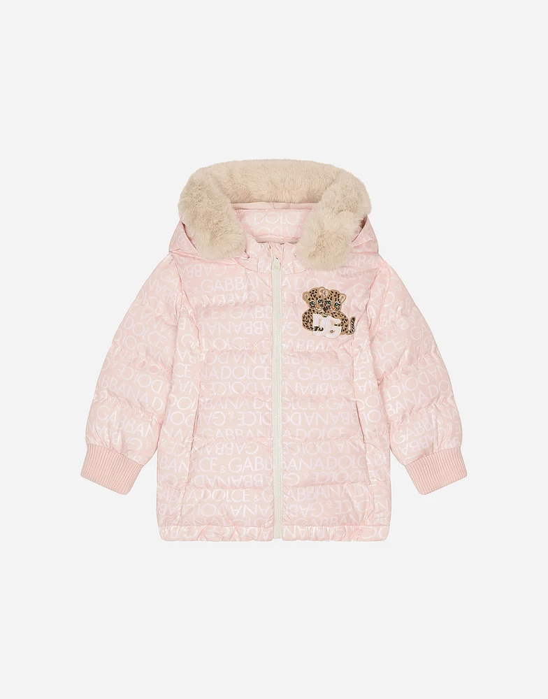 Long nylon down jacket with all-over logo print