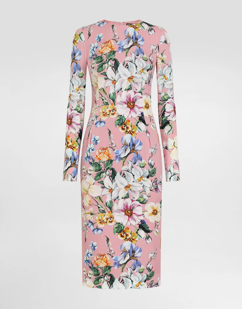 Charmeuse calf-length sheath dress with floral print