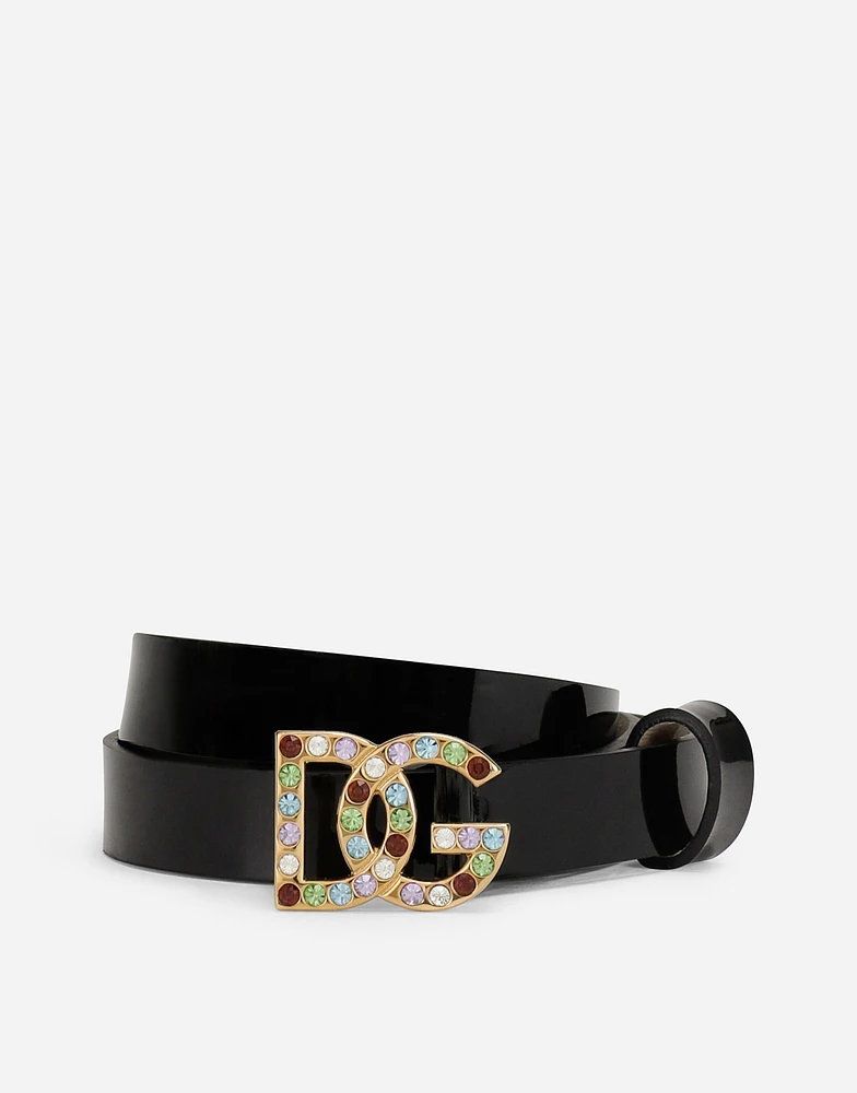 Patent leather belt with multi-colored crystals
