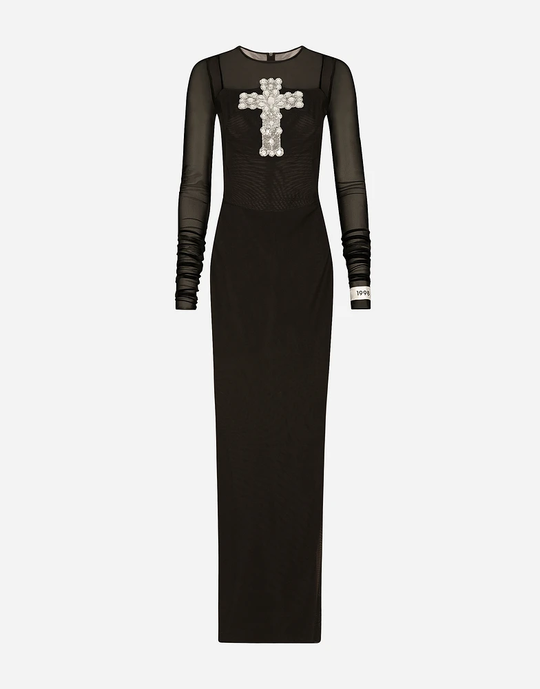 Long tulle dress with rhinestone cross embellishment