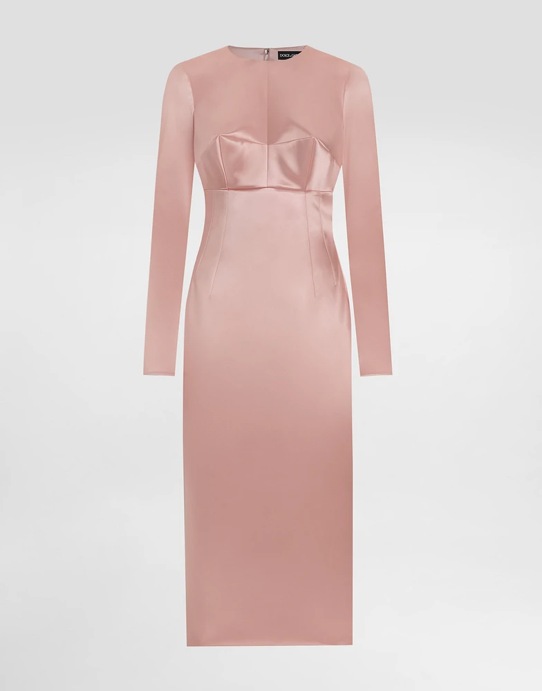 Stretch satin round-neck calf-length dress