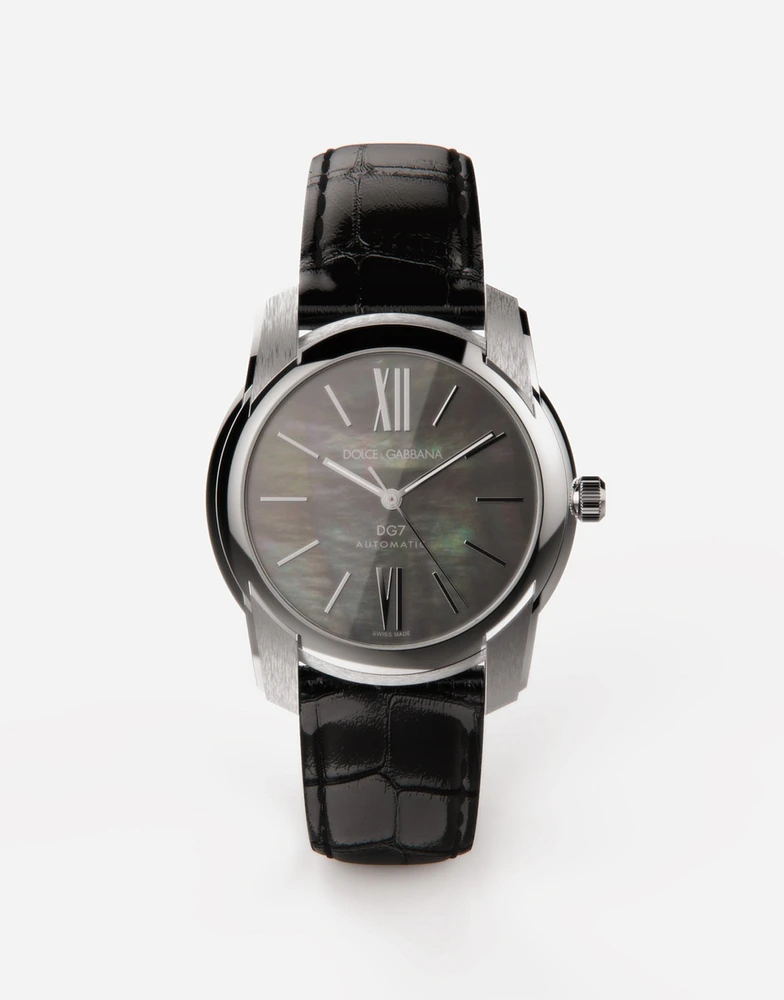 DG7 watch in steel with black mother of pearl