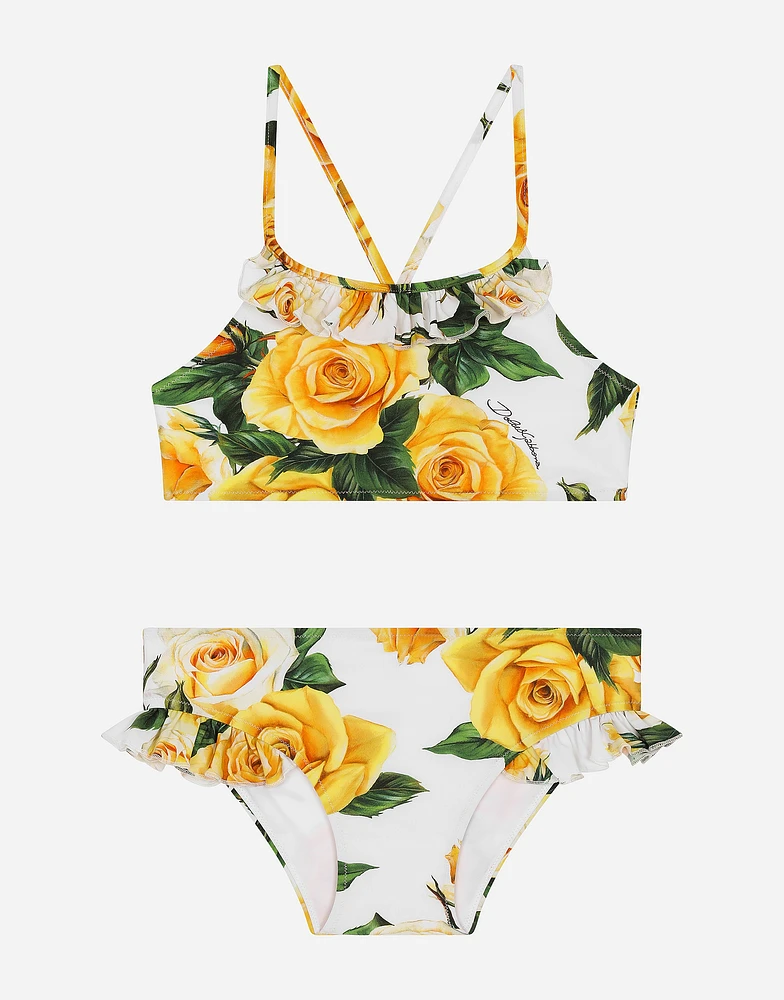 Spandex 2-piece swimsuit with yellow rose print