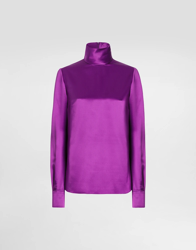 Silk satin sack top with turtle-neck