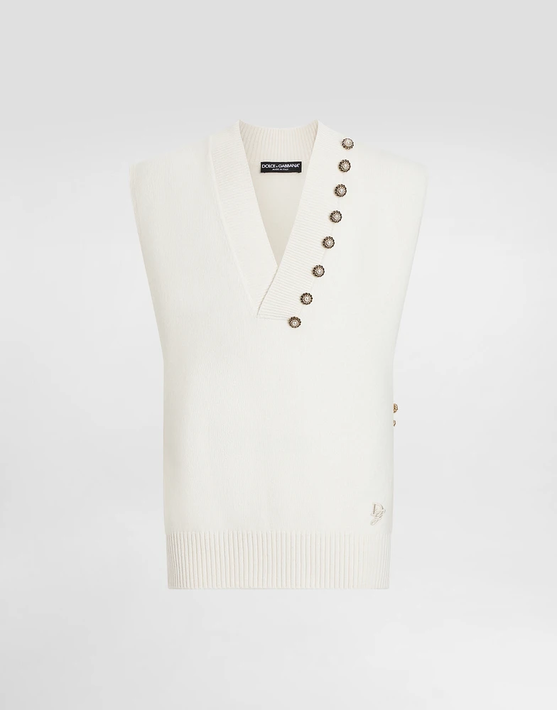 Wool V-neck vest with bejeweled buttons and DG embroidery
