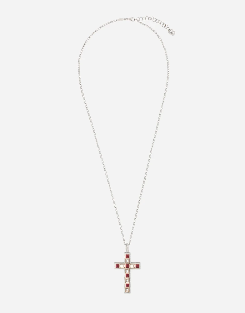 Cross Pendant 18-carat white gold with rubies and diamonds