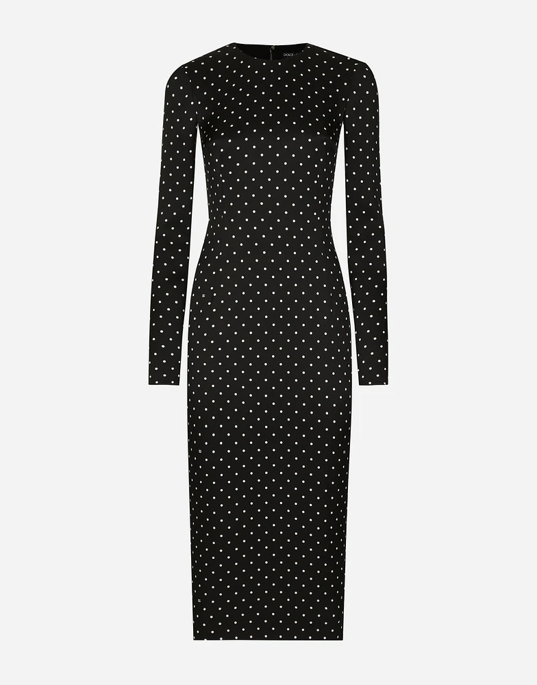 Charmeuse calf-length sheath dress with polka-dot print