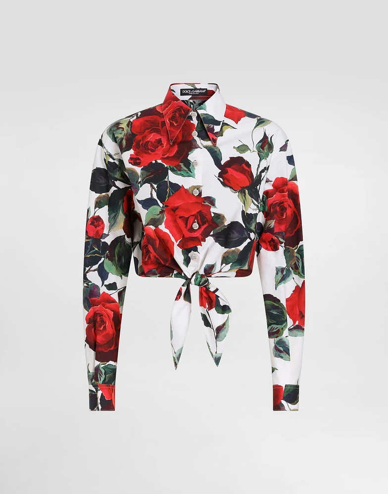 Cropped cotton pussy-bow shirt with rose print