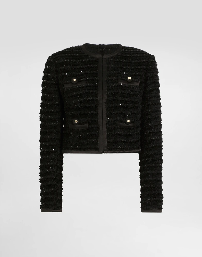 Short single-breasted tweed jacket with micro-sequin embellishment