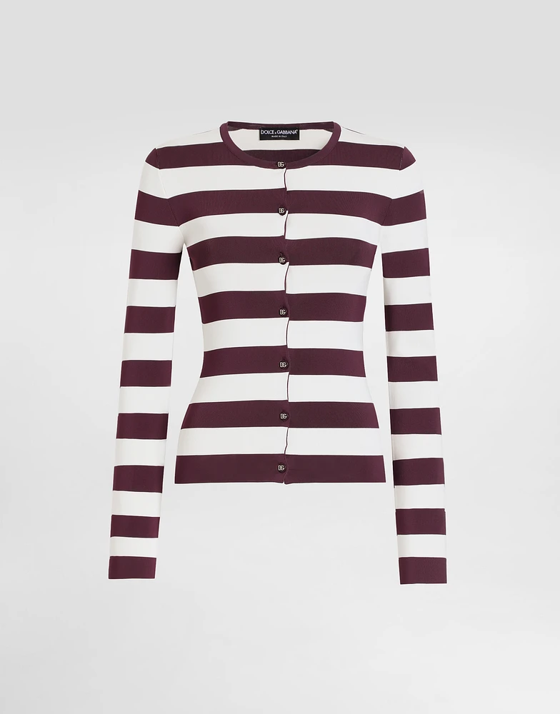 Striped crew-neck viscose cardigan