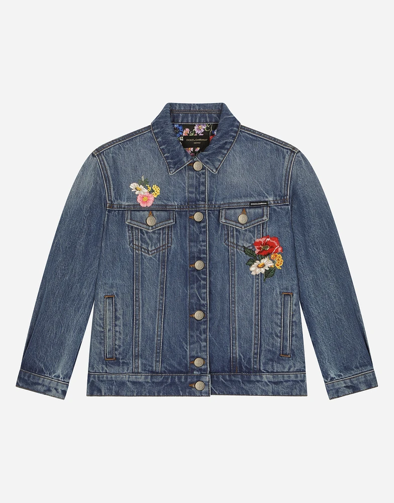 Stretch denim jacket with embroidery