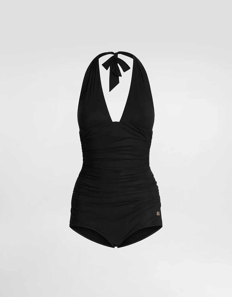 One-piece swimsuit with plunging neckline