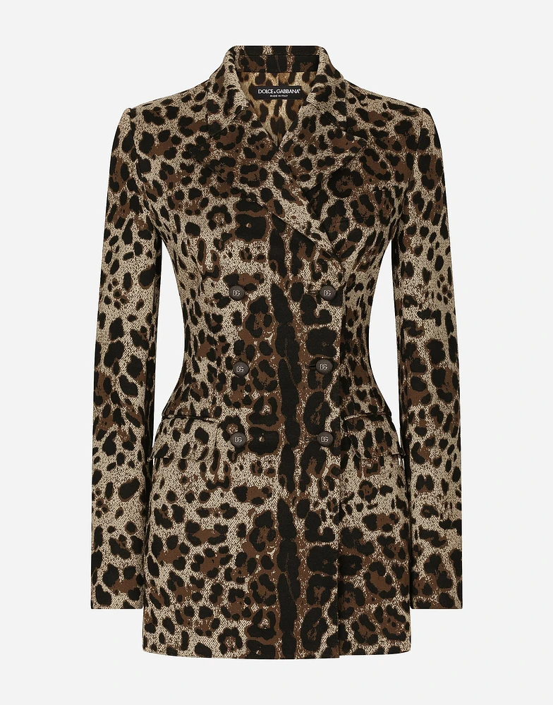 Double-breasted wool Turlington jacket with jacquard leopard design
