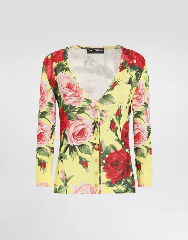 Silk knit cardigan with bouquet print