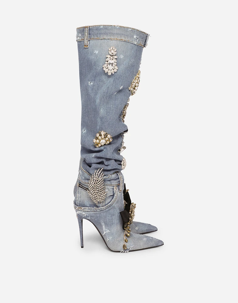 Patchwork denim boots with embroidery