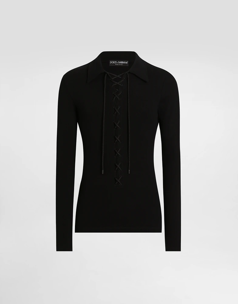 Long-sleeved interlock jersey polo-shirt with laces