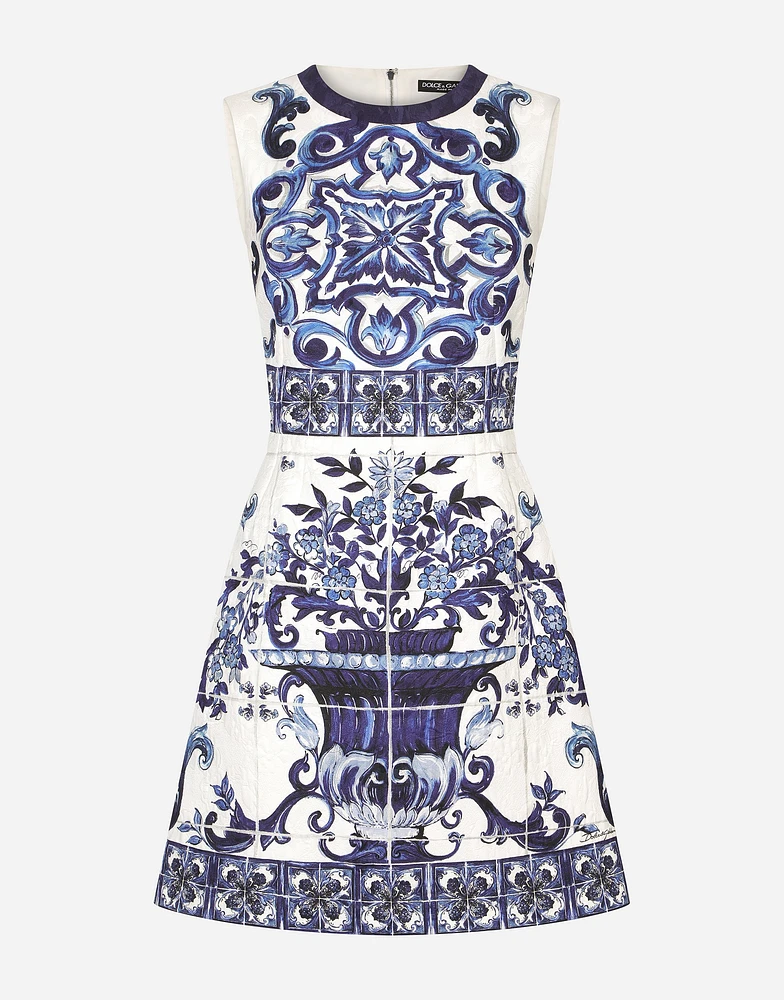 Short majolica-print brocade dress