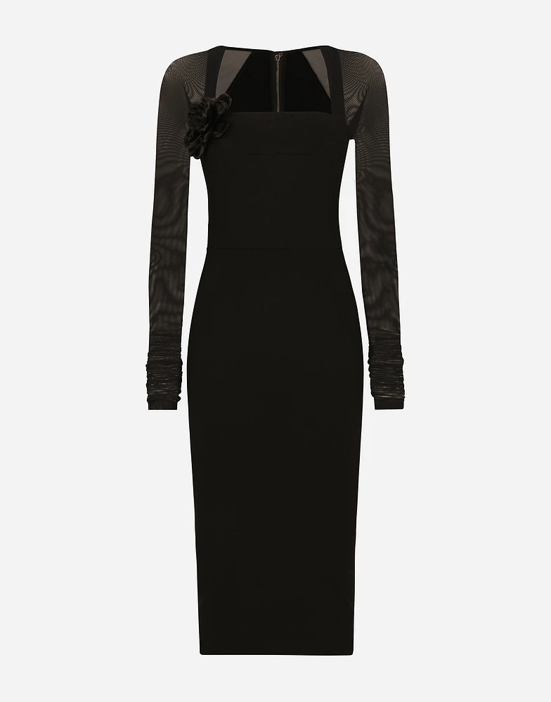 Jersey calf-length dress with tulle sleeves