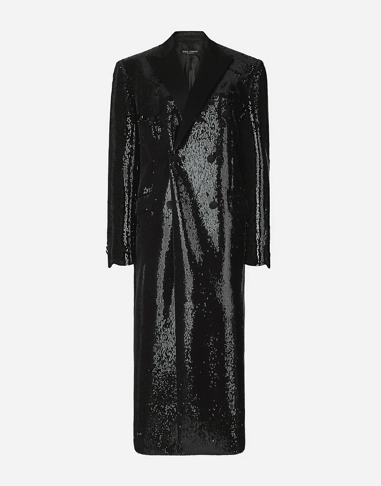 Micro-sequined double-breasted coat