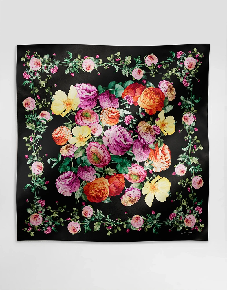 Peonies-print silk twill foulard (90x90)
