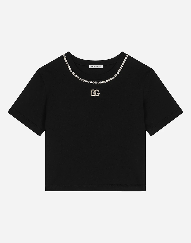 Short-sleeved jersey T-shirt with rhinestones