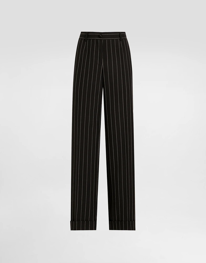 Straight-leg pinstripe wool pants with turn-ups