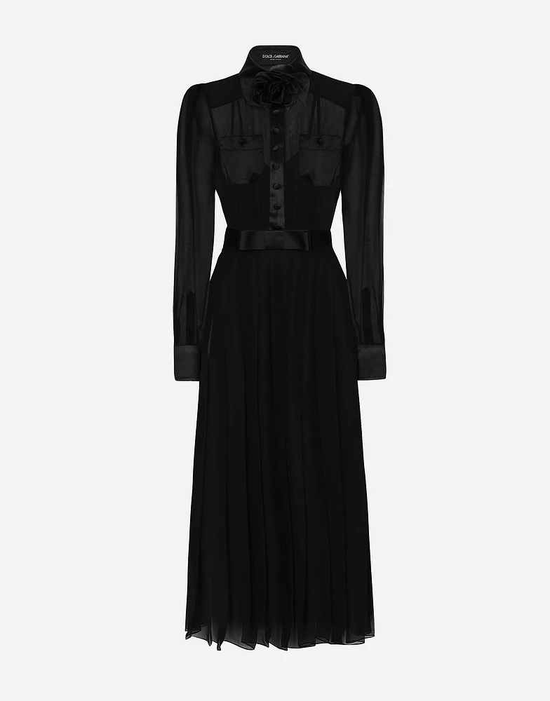 Chiffon calf-length shirt dress with satin details