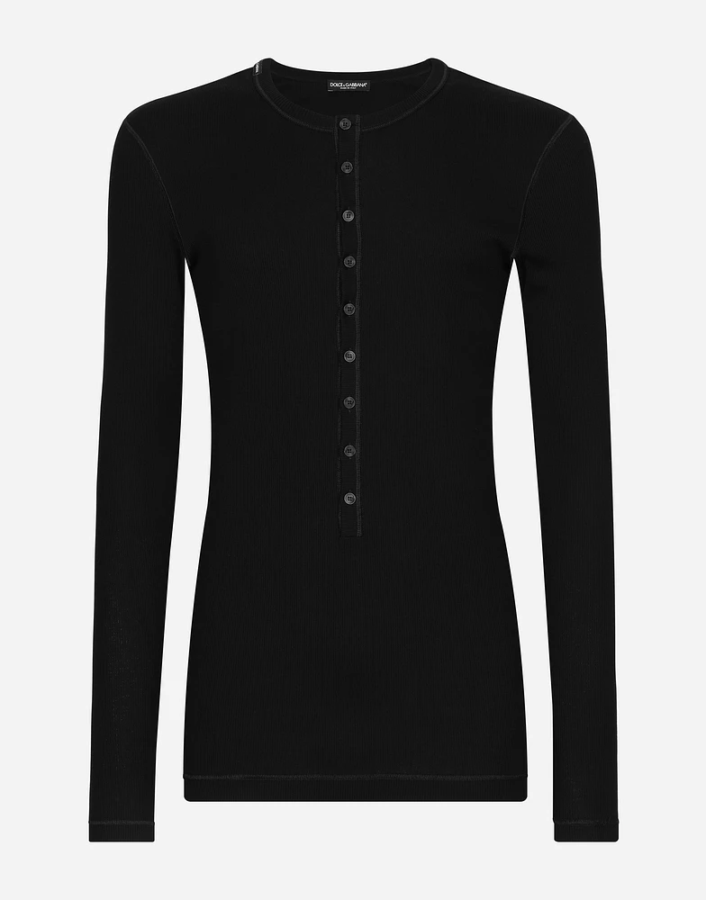 Fine-rib cotton granddad-neck T-shirt