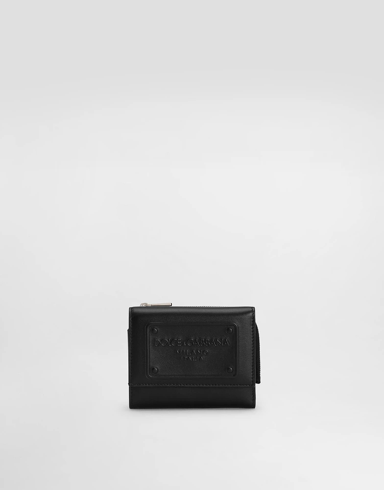 Calfskin French flap wallet with raised logo