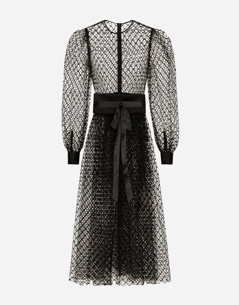 Calf-length mesh dress with wool crepe belt