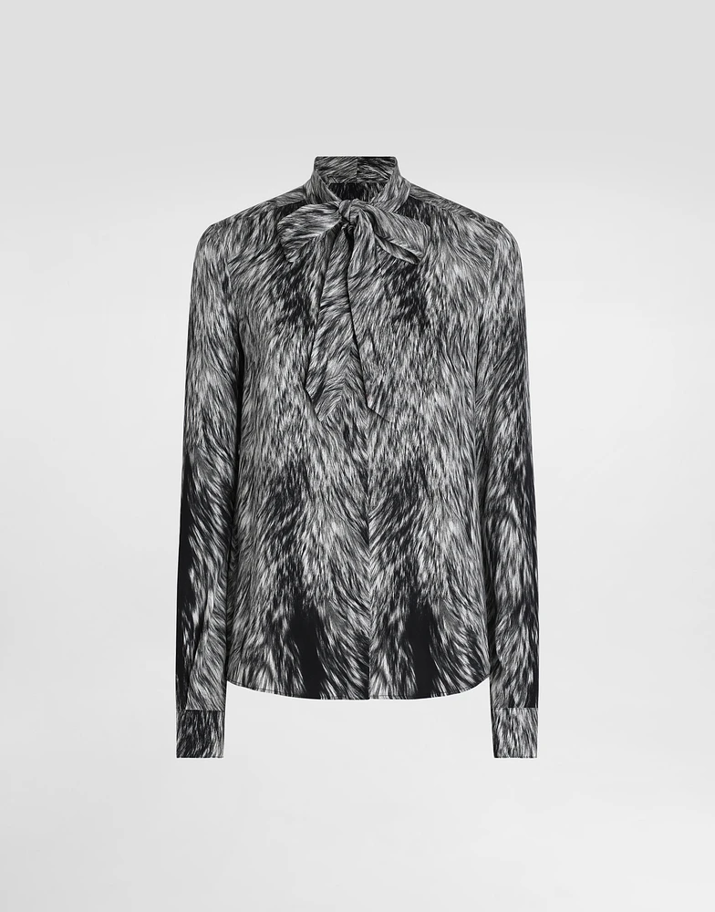 Fur-print charmeuse shirt with pussy-bow