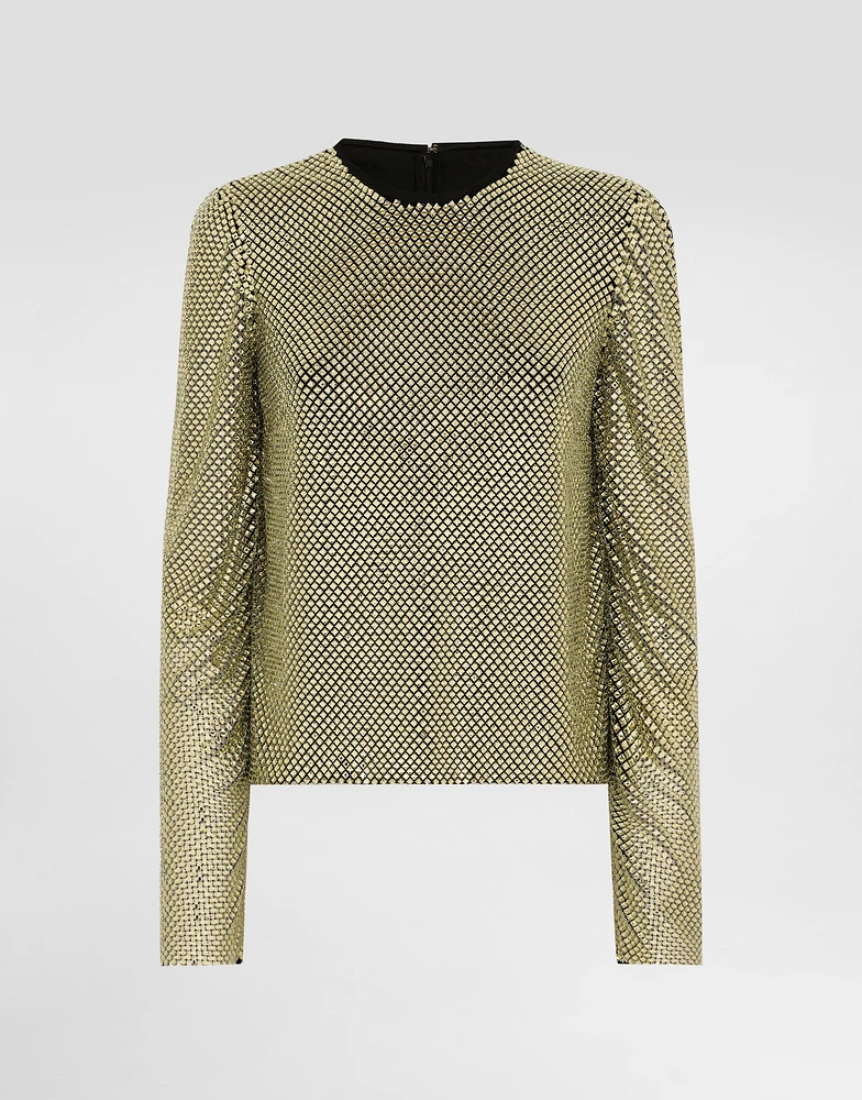 Long-sleeved top crystal mesh