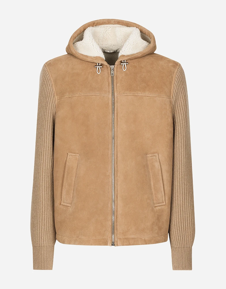 Sheepskin jacket with knit inserts and hood