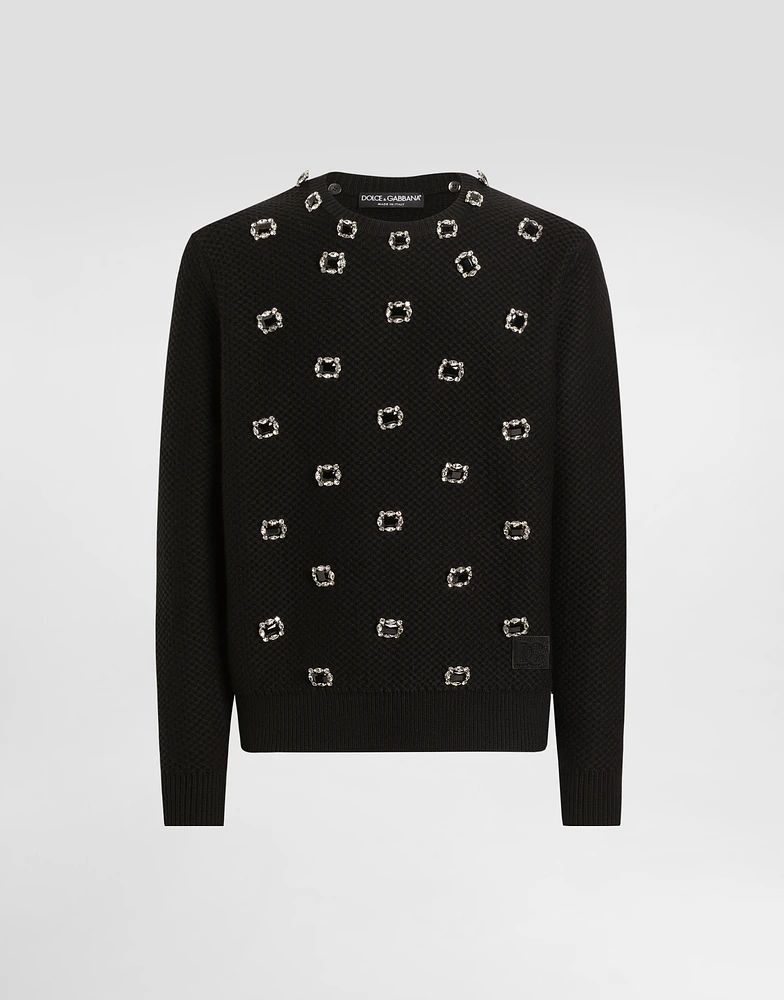 Wool round-neck sweater with embroidery and bejeweled buttons