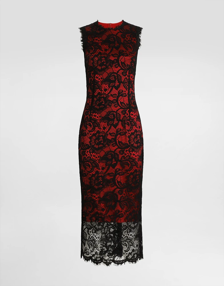Calf-length floral lace sheath dress with contrasting lining