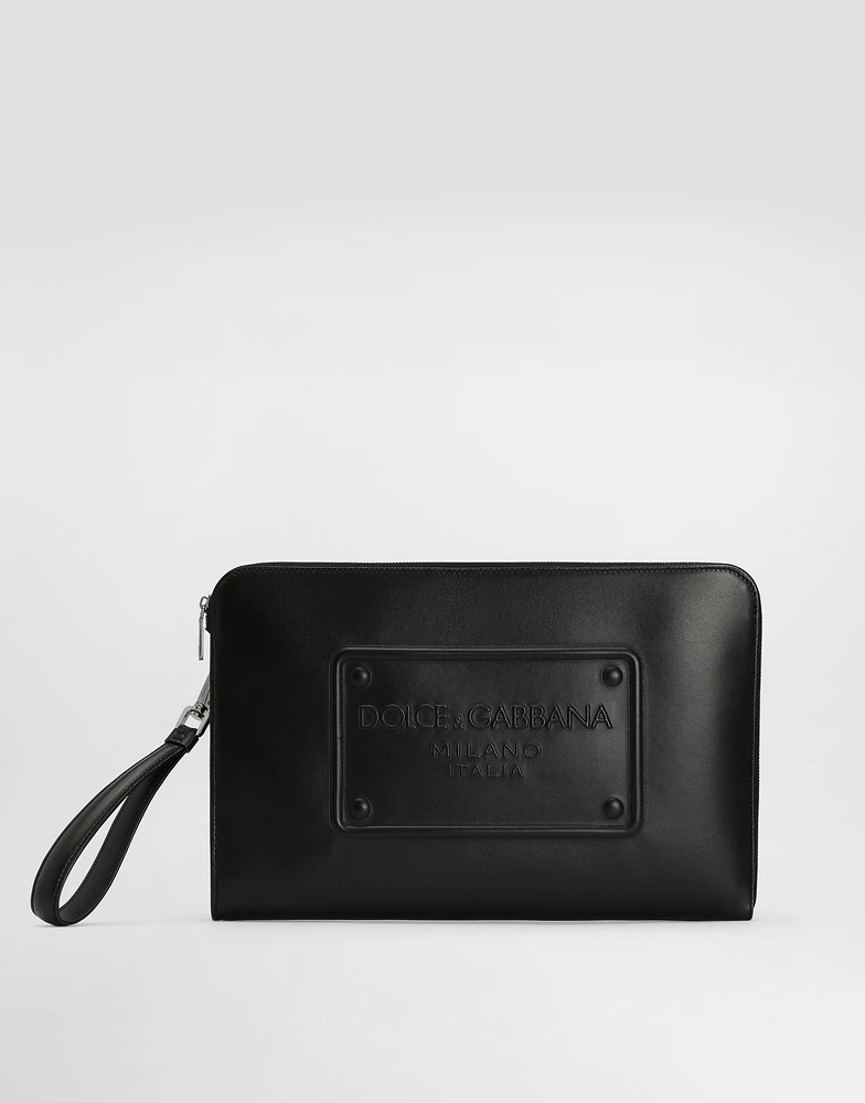 Large calfskin pouch with raised logo