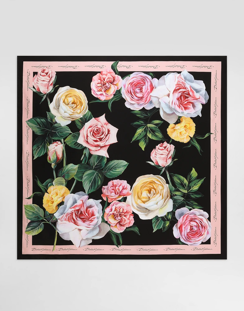 Rose and peony-print silk twill foulard (90x90)