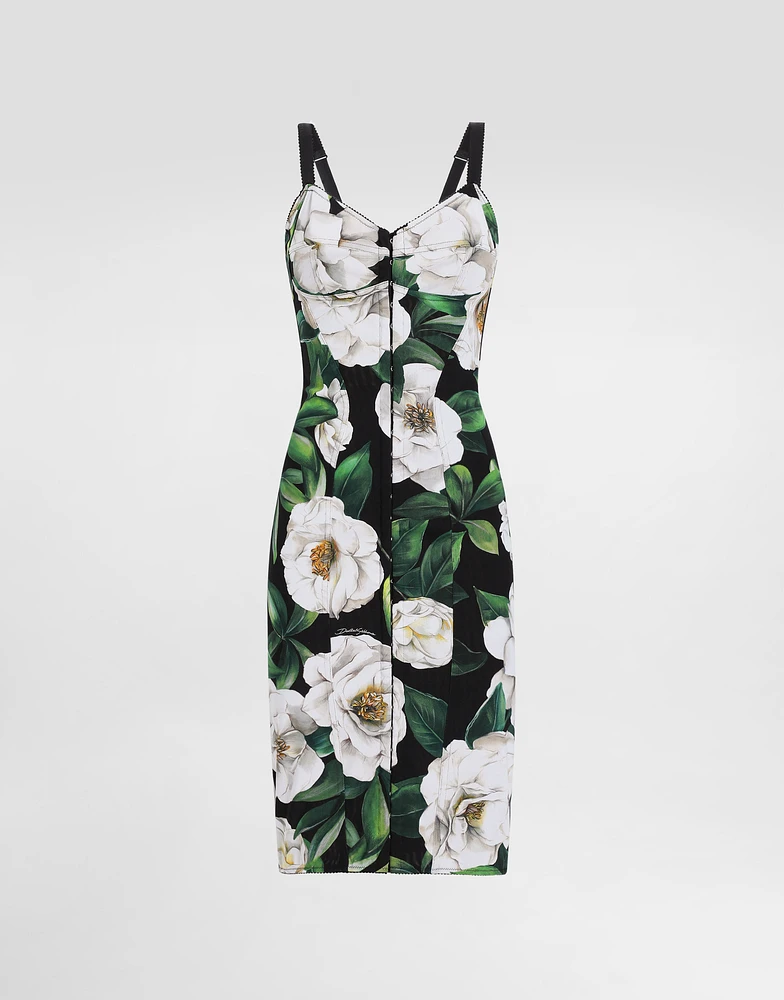 Stretch marquisette midi dress with gardenia print