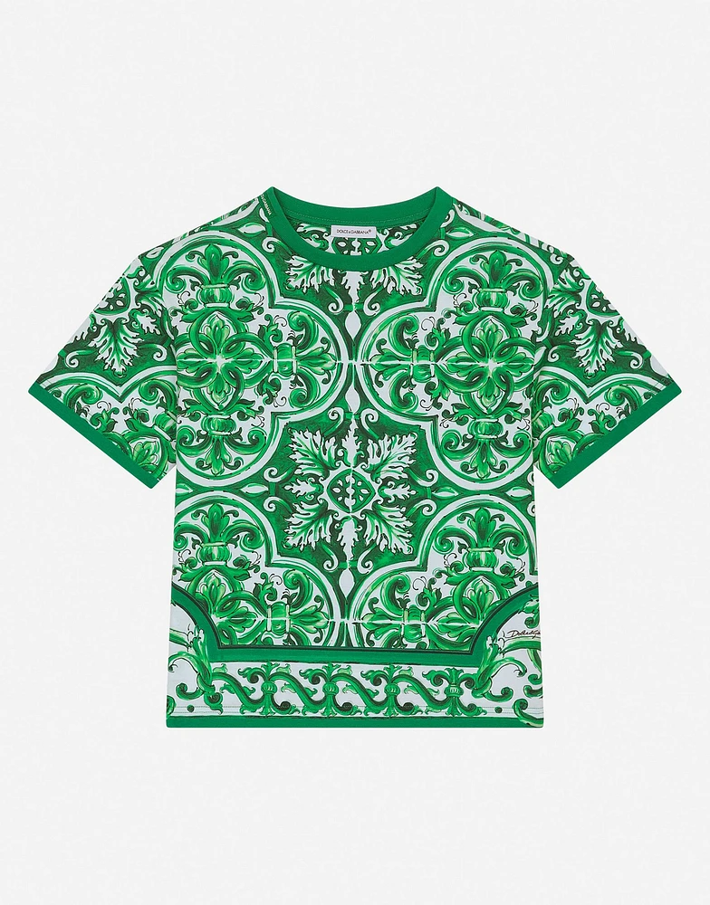 Jersey T-shirt with green majolica print