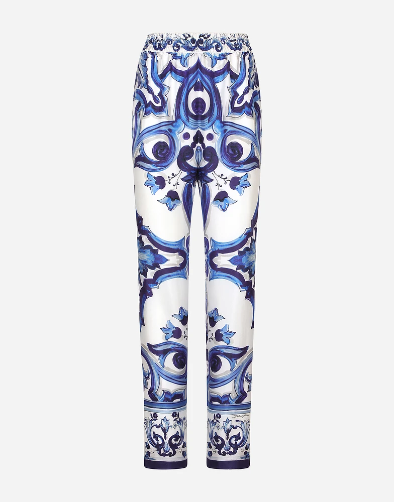Silk twill pants with majolica print