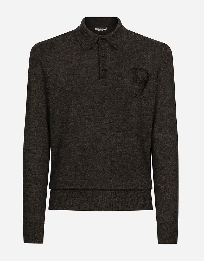 Long-sleeved cashmere polo-shirt with embroidered logo