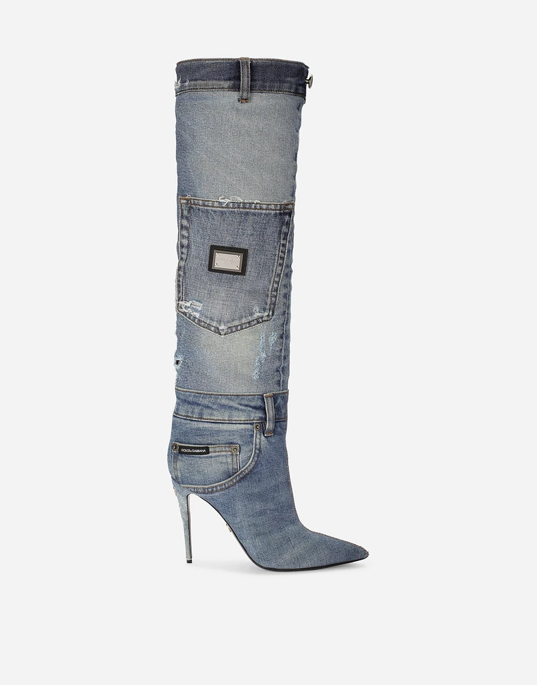 Patchwork denim boots