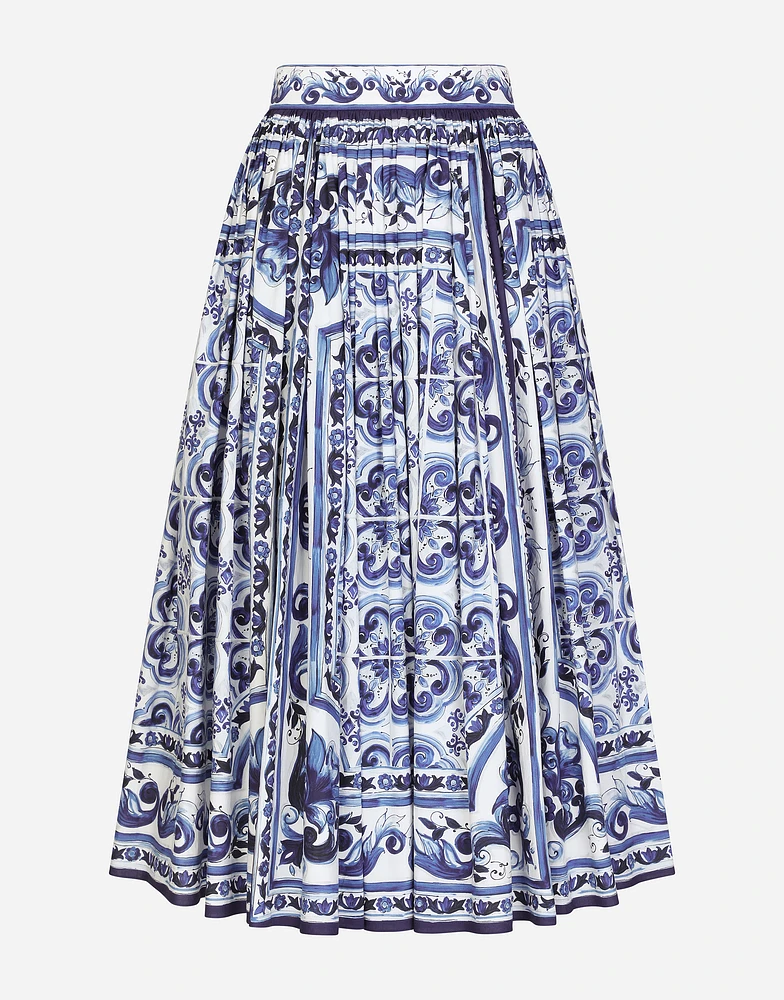 Majolica-print poplin calf-length skirt
