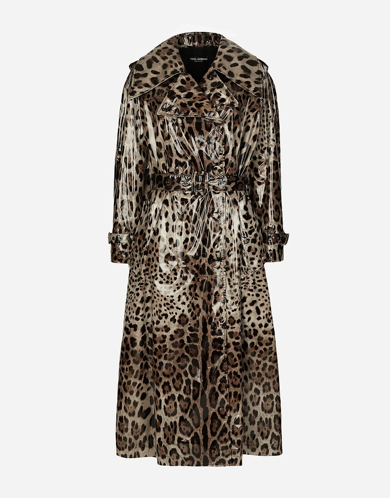 Leopard-print coated satin trench coat