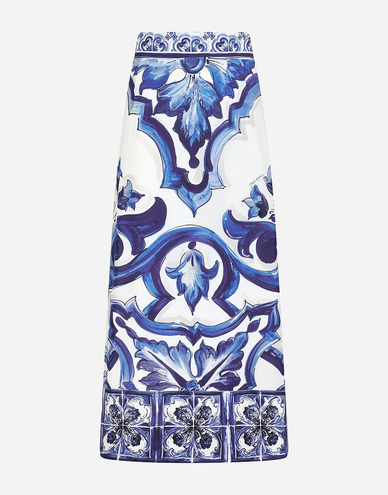 Majolica-print charmeuse calf-length skirt with slit