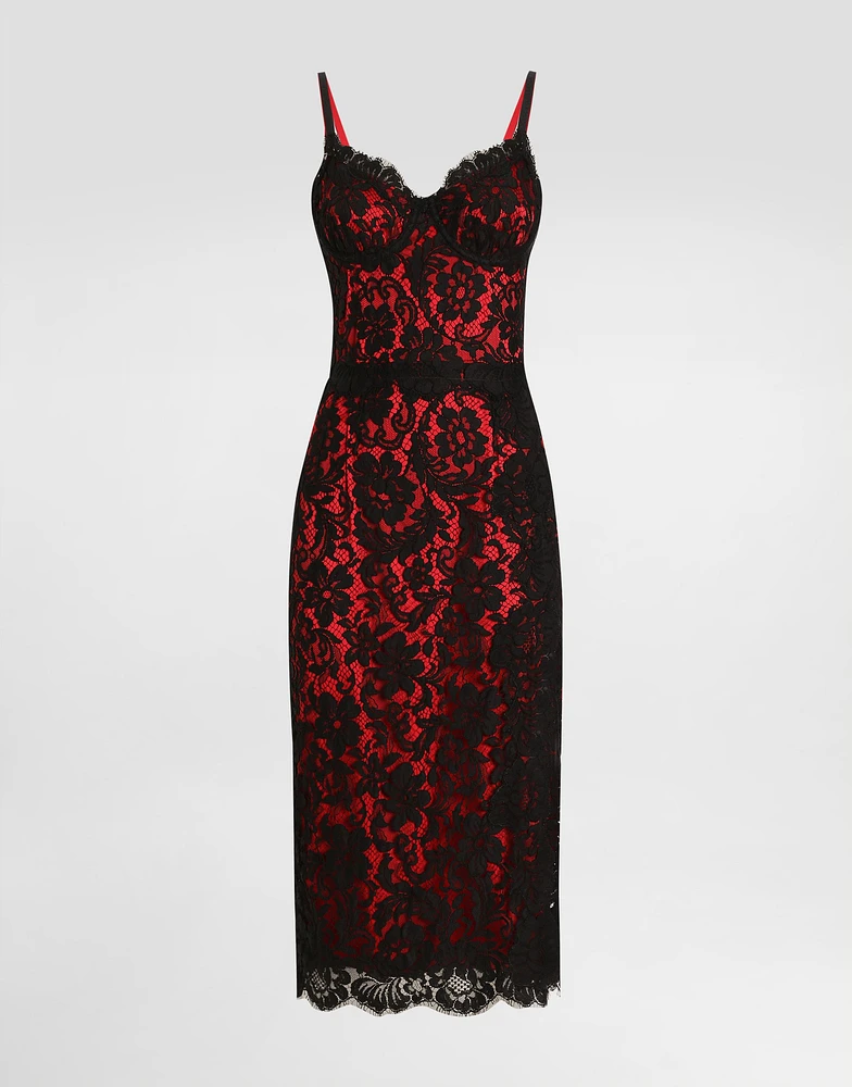Calf-length floral lace slip dress with contrasting lining