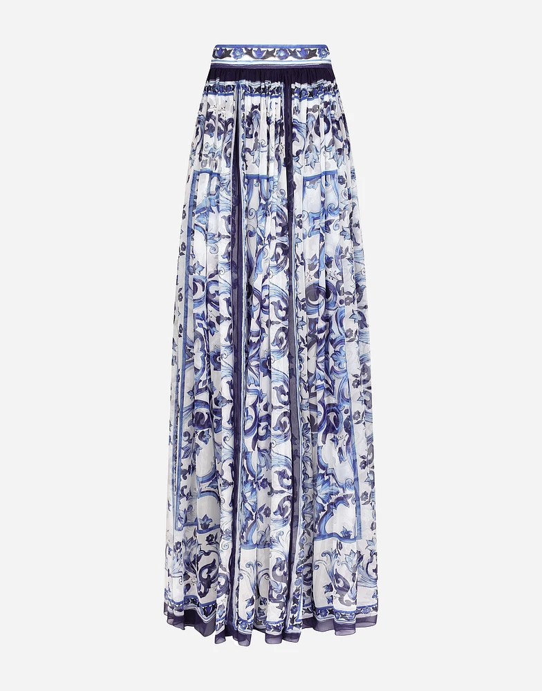 Long majolica-print chiffon skirt