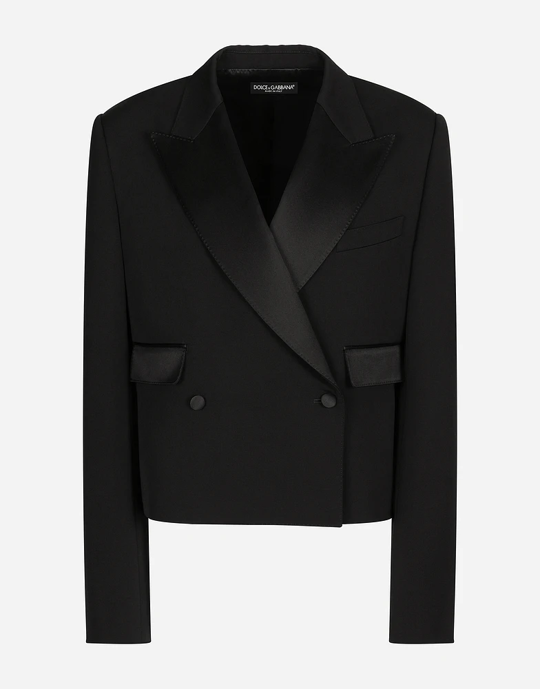 Short double-breasted wool gabardine tuxedo jacket
