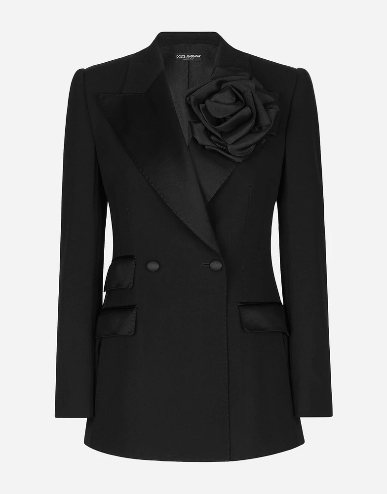 Double-breasted woolen jacket with flower appliqué